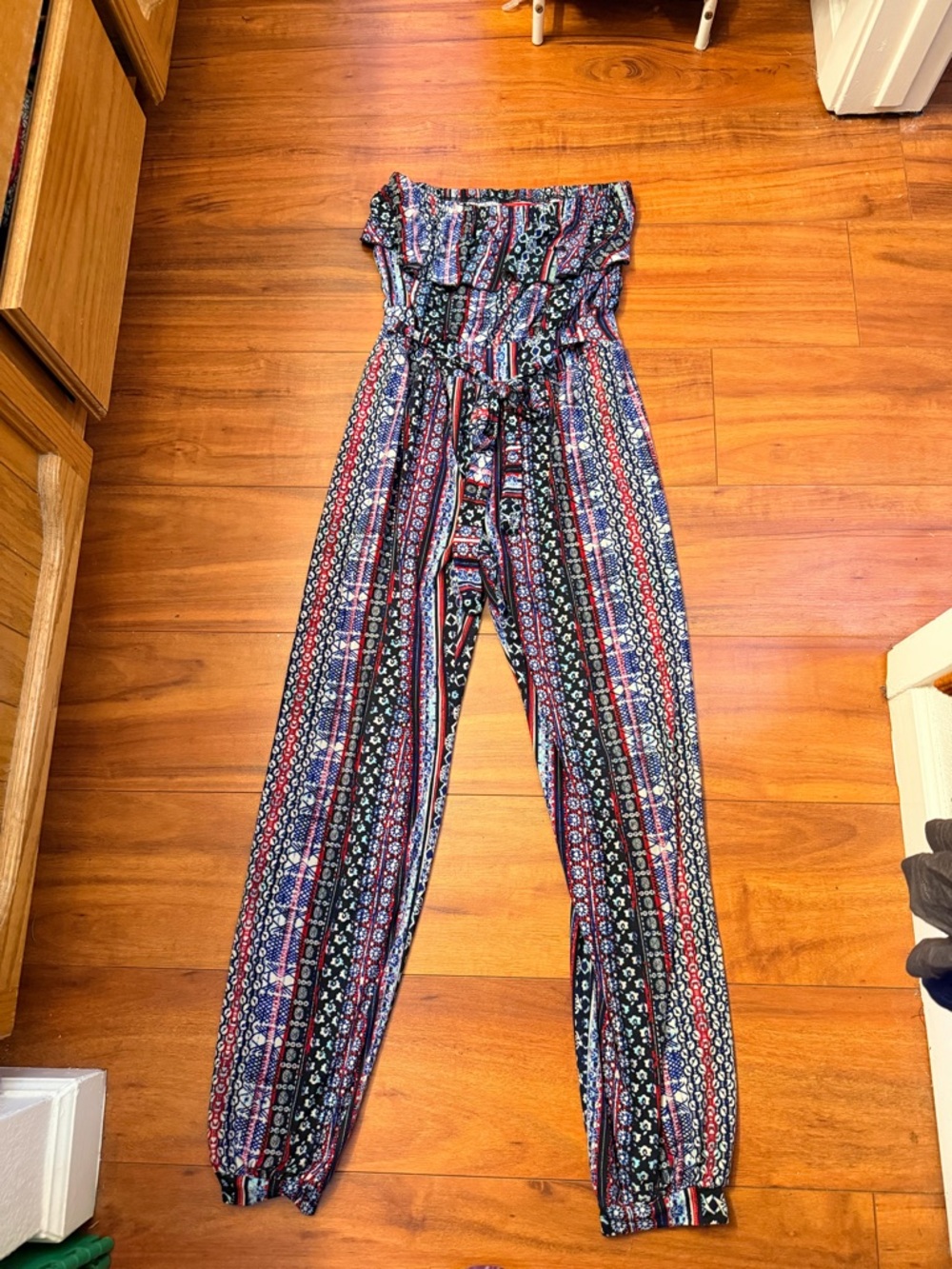 Hot Kiss Multicolor Strapless Printed Jumpsuit with Waist Tie